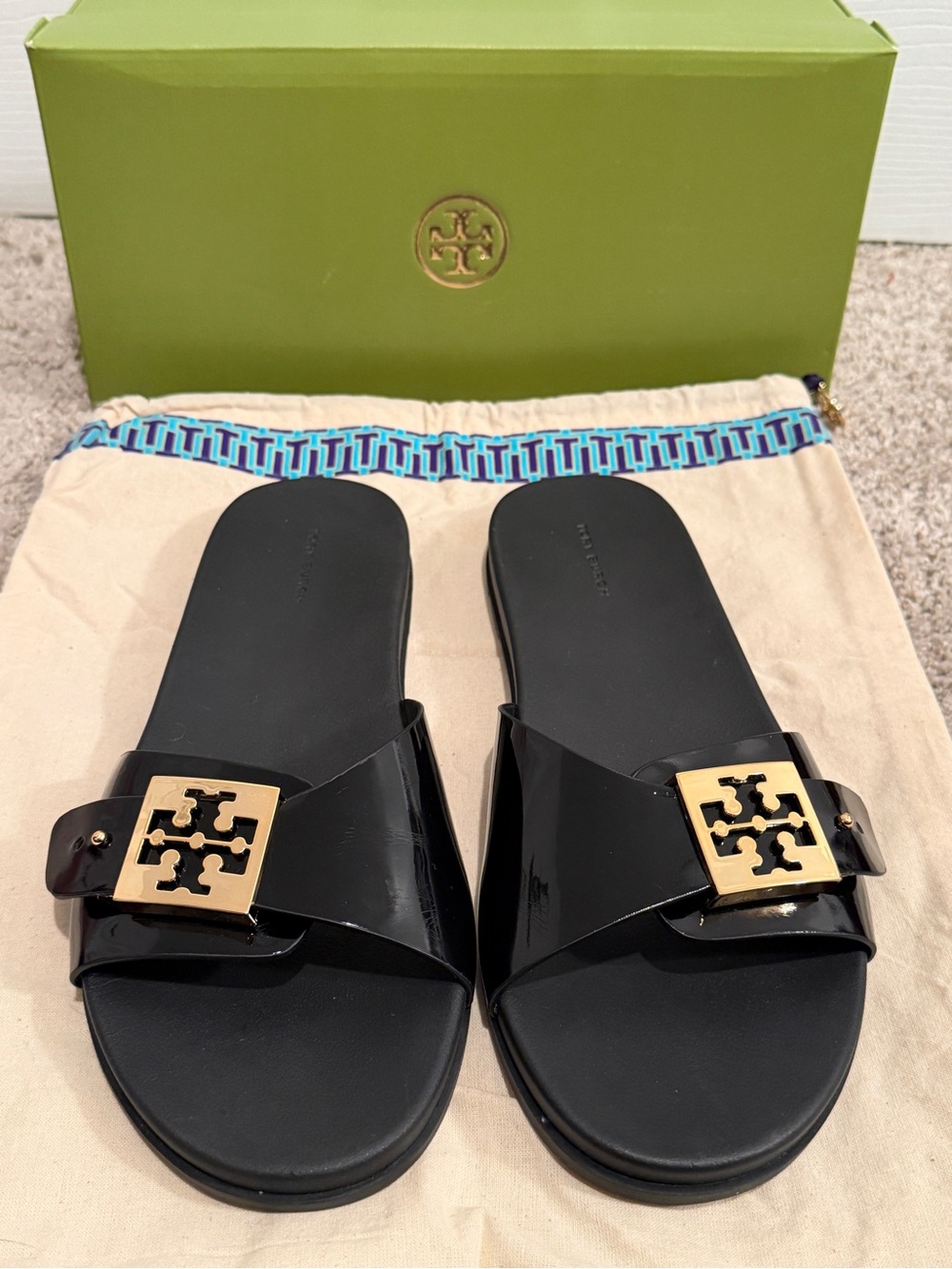 Tory Burch Mellow Slide Black Gold Buckle Sandals Size 10 NWT